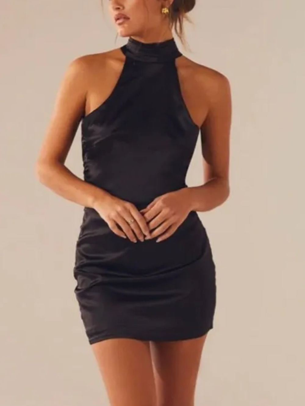 Peppermayo Black Satin Halter Mini Dress